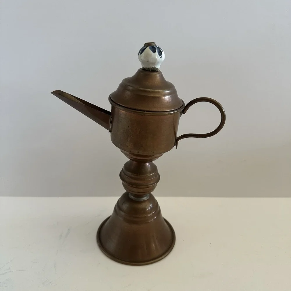 Vintage Copper Oil Lamp Pre-1950s White & Blue Knob 10